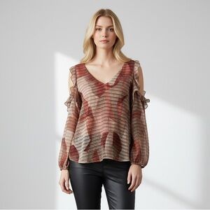 Adrienne Landau Long Sleeve Top Blouse Shoulder Cut Out Red Cream